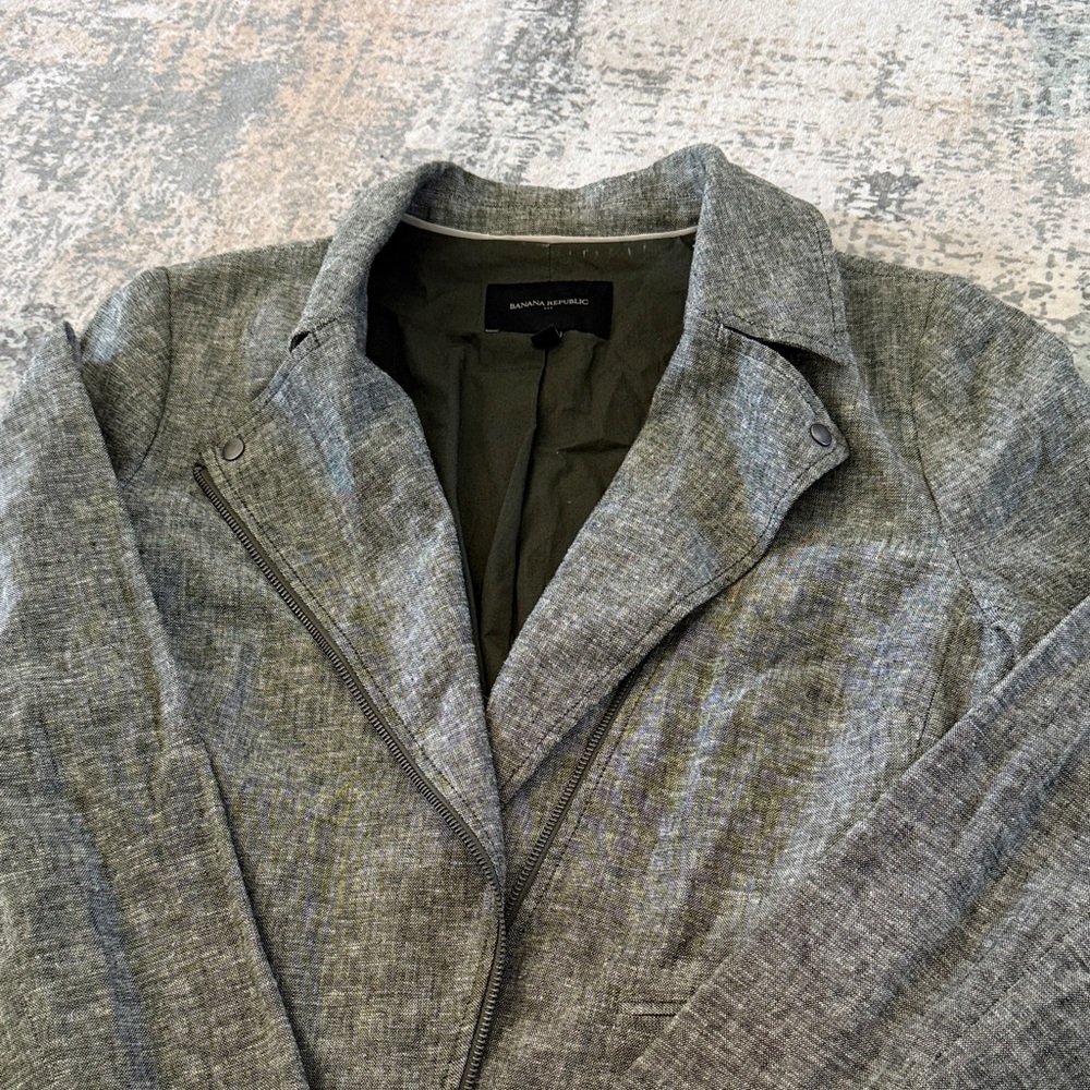 Linen Blend Banana Republic Women’s Preppy Olive Motorcycle Jacket - Picture 2 of 4